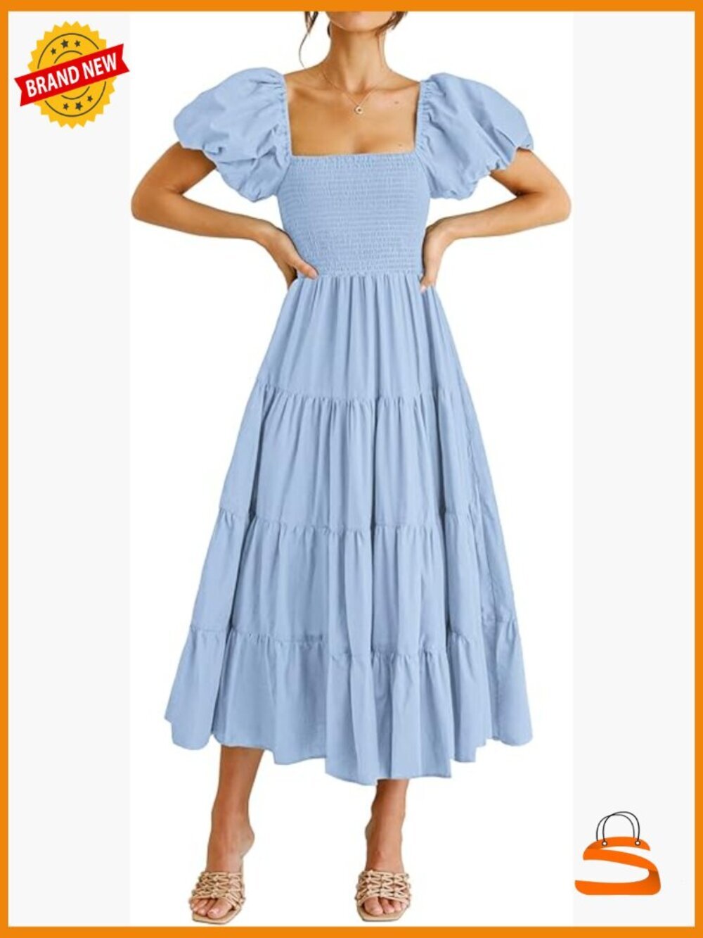 Puffy Short Sleeve Square Neck Smocked Tiered Midi Dress